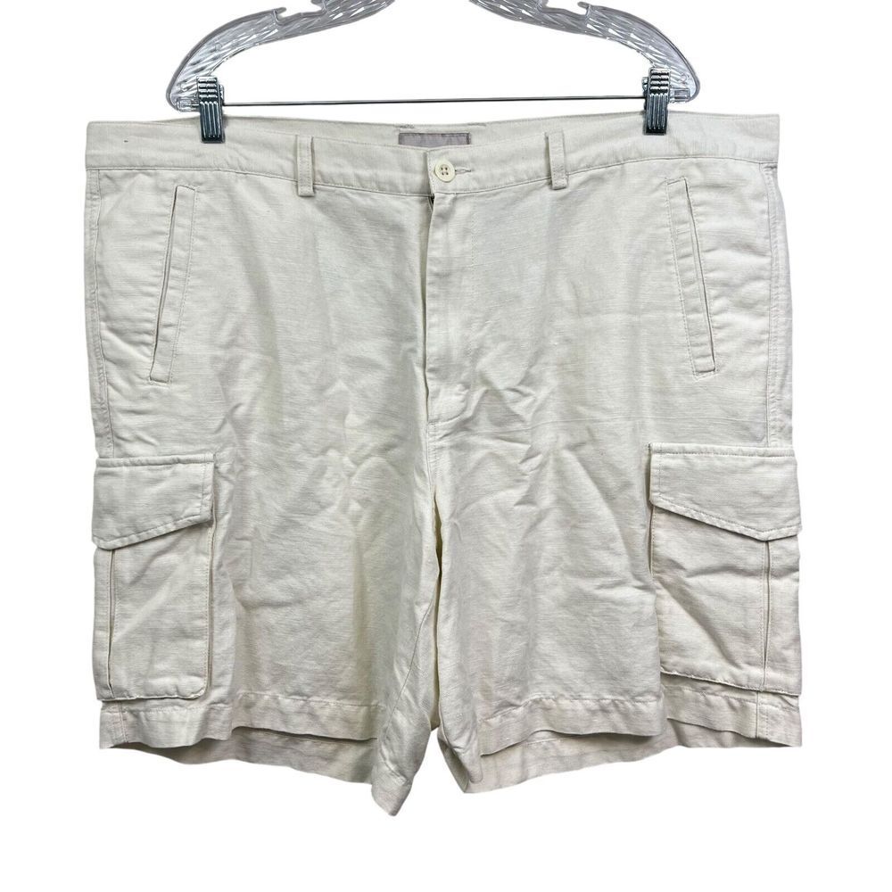 Breakwater Mens Linen Cargo Shorts Flat Front Slit Pockets Zip Fly Cream Sz W44*